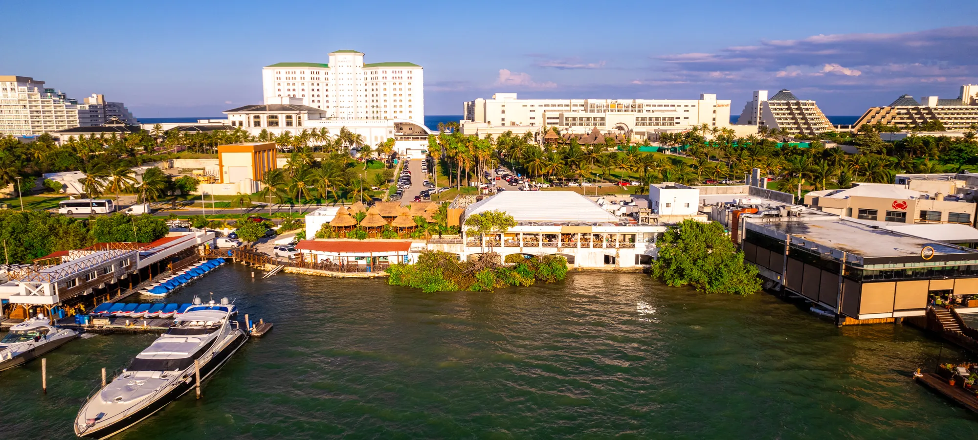 Aerial view of the Nichupté lagoon and Cancun’s Hotel Zone, with Fred’s on the water